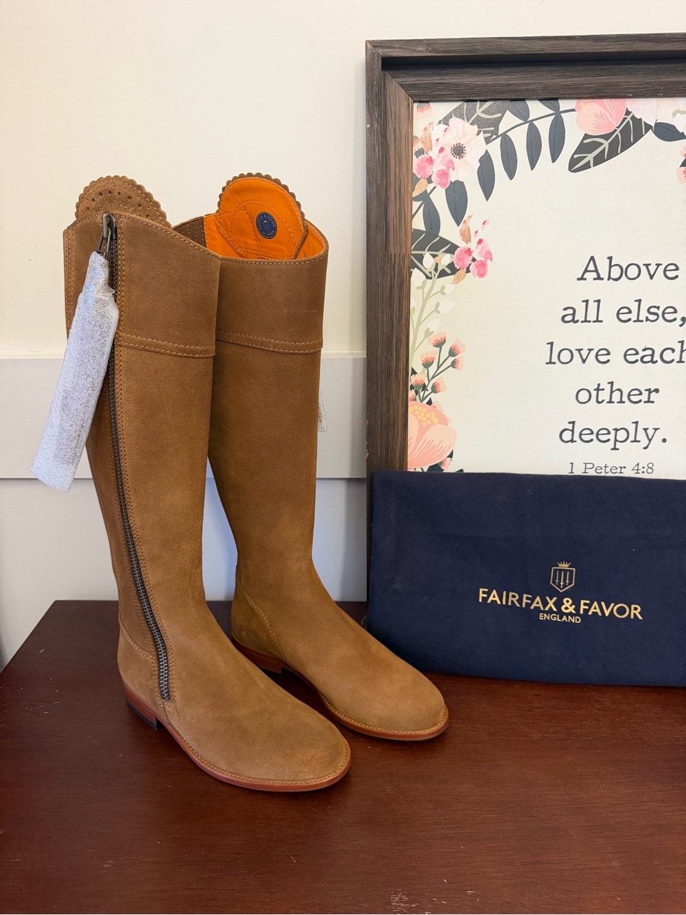 Fairfax & Favor Regina Tan Suede Heeled Boot brand new